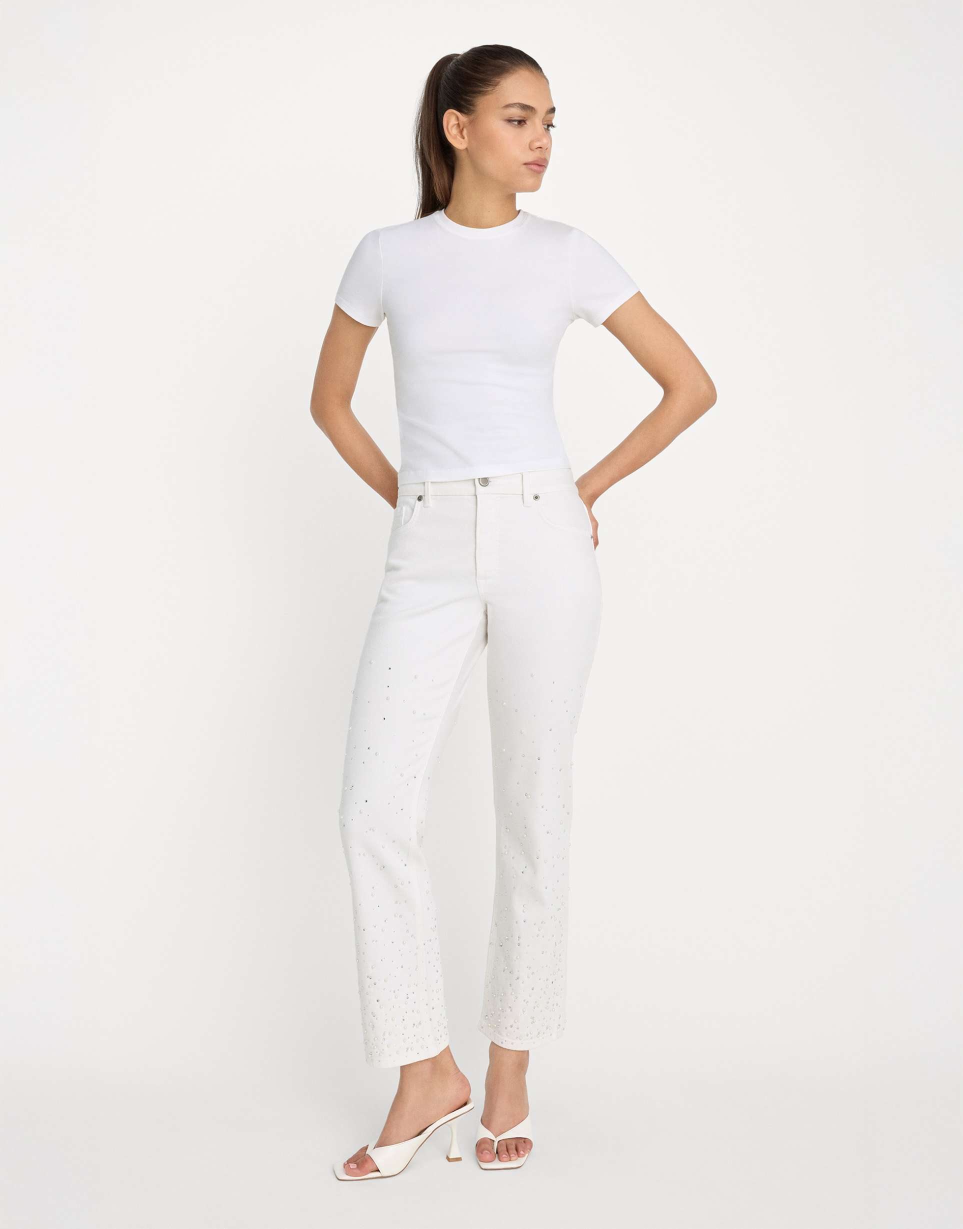 good american good icon straight leg cropped faux pearl jeans in white