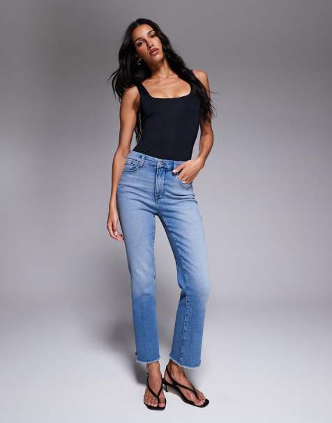 Good American good legs straight split pockets jeans in mid blue