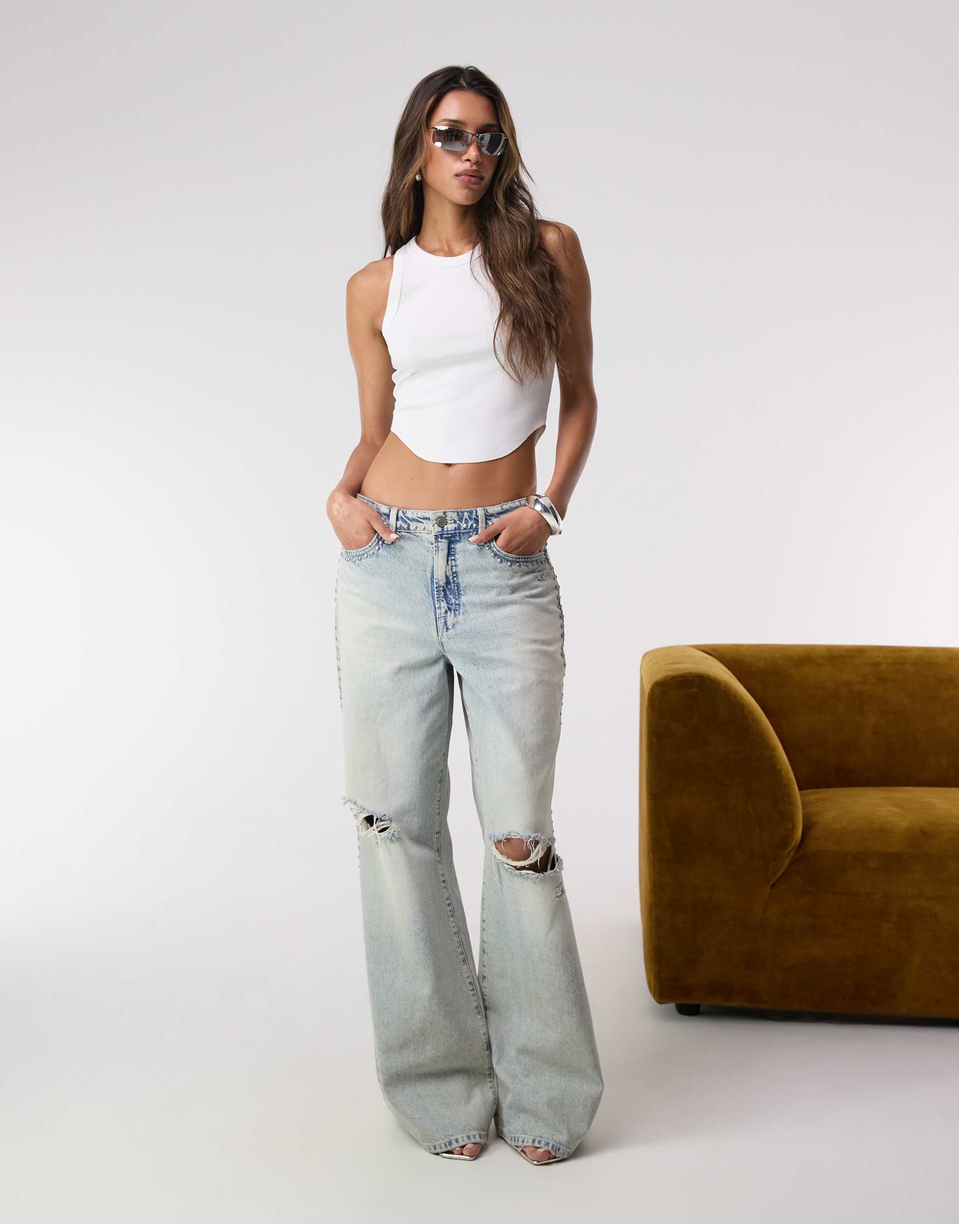 good american good standard ease studded jeans in light blue