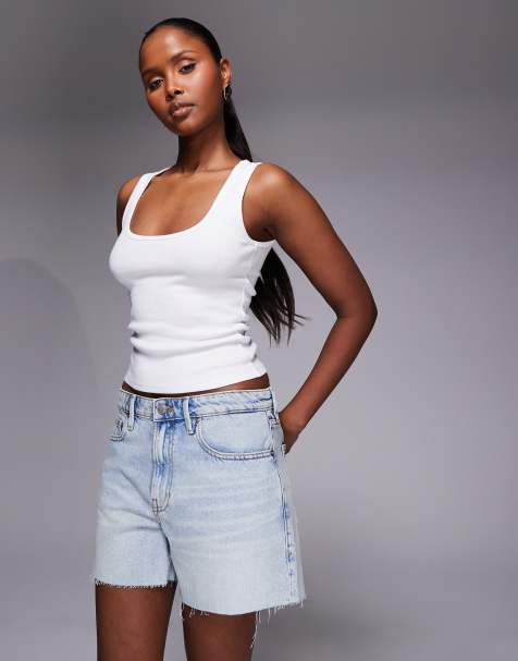 Good American good standard raw hem long denim shorts in mid blue wash - view 1