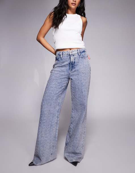 Good American good standard straight crystal embellished jeans in mid blue wash - view 1