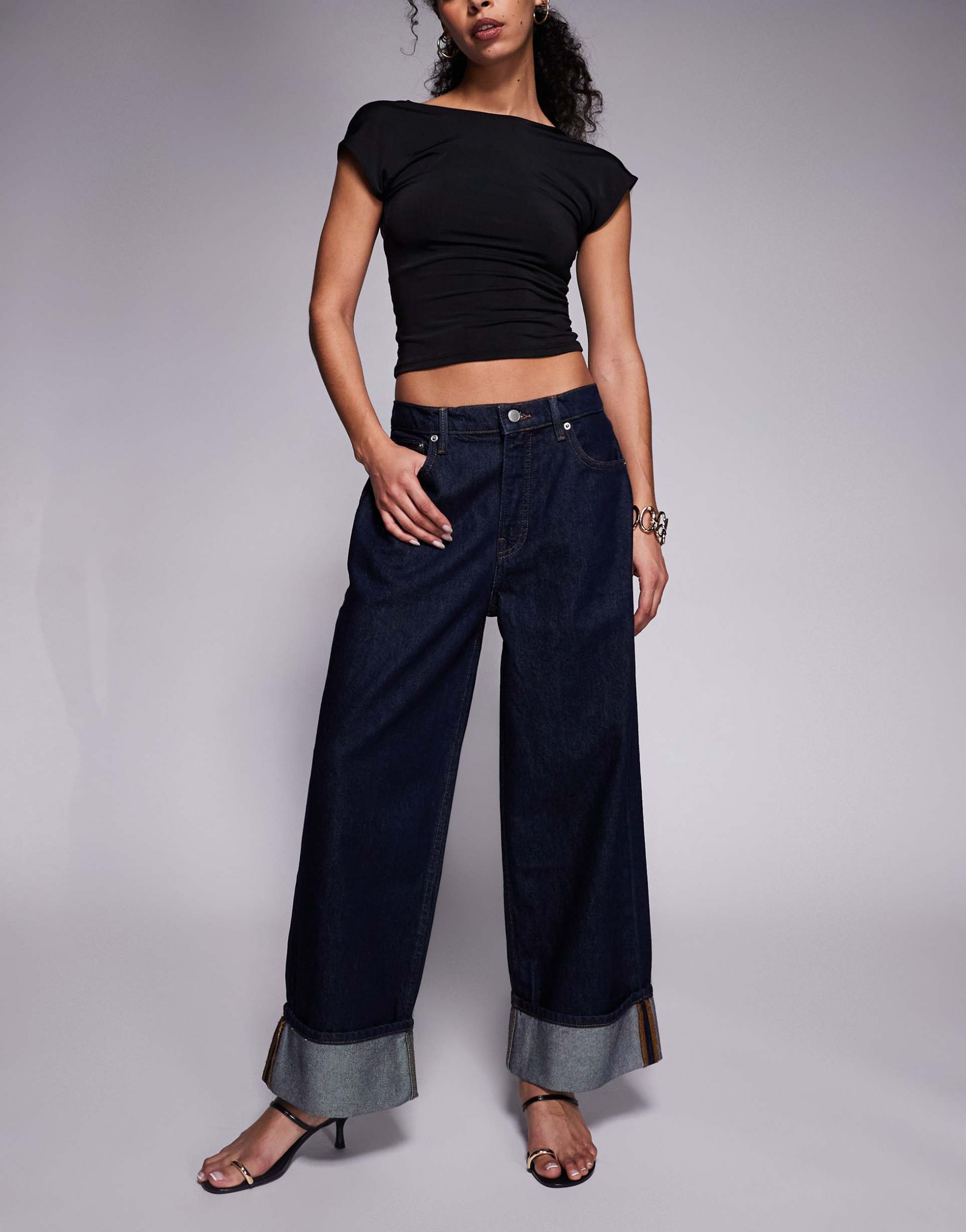 good american good standard turn-up detail baggy jeans in dark blue indigo wash