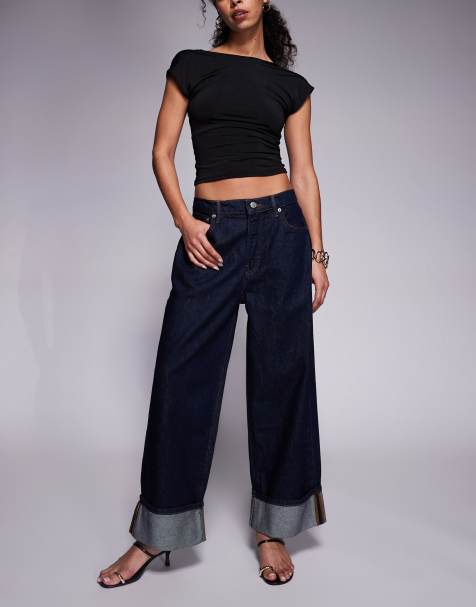 Good American – Good Standard – Weite Jeans in schwarzer und dunkelblauer Waschung mit Umschlag - view 1