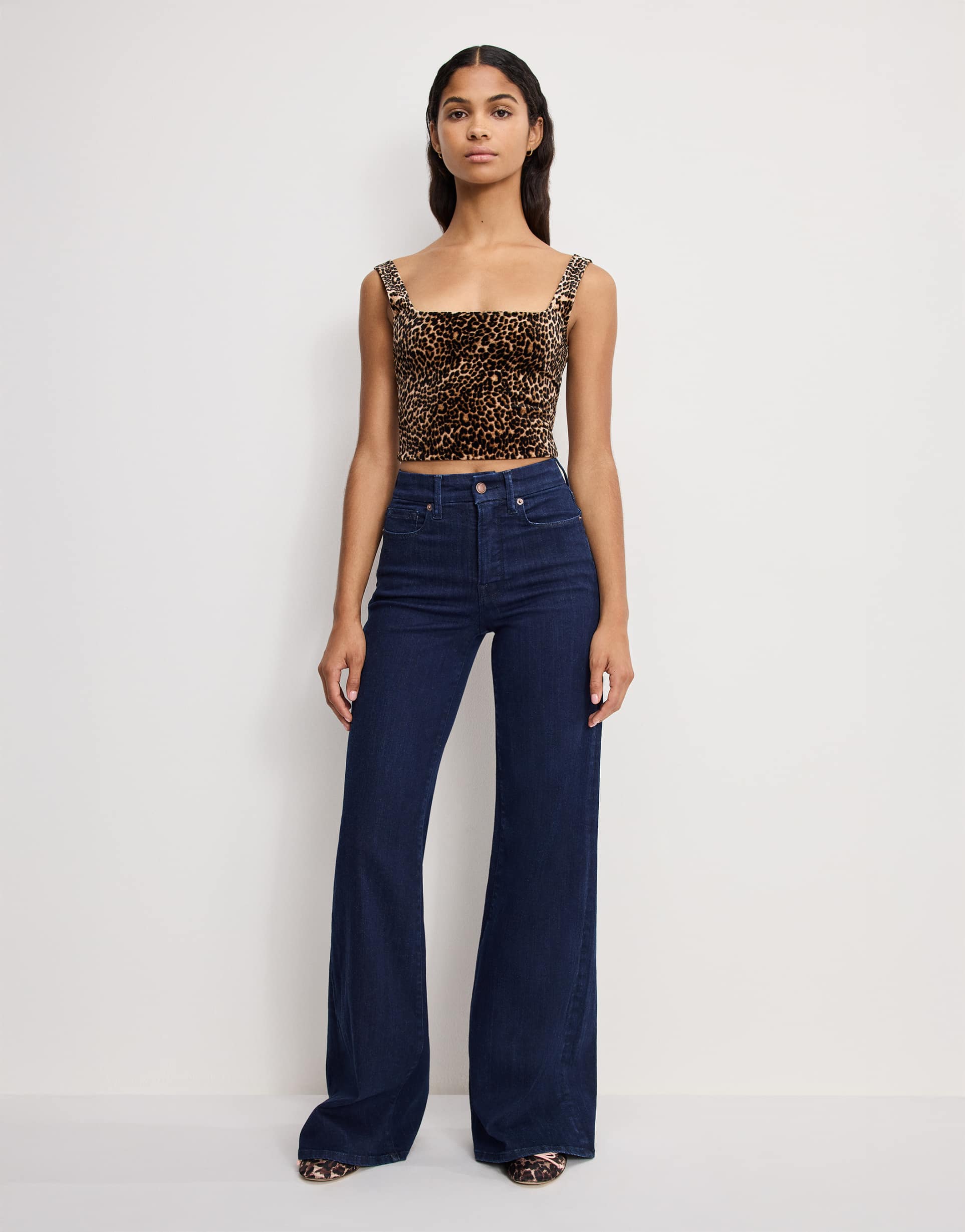 good american good waist palazzo cotton rich jeans in dark wash blue