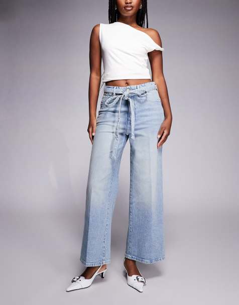 Good American good waist palazzo cropped jeans in light blue wash
