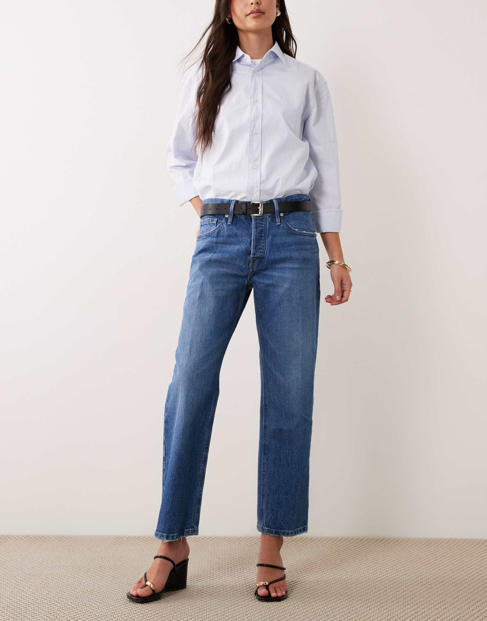 good american good waist vintage straight leg ankle length jeans in mid blue wash