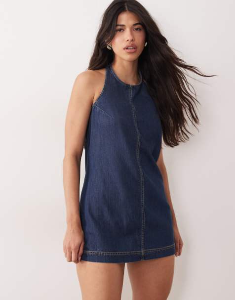 Good American halter neck mini denim dress in dark blue wash - view 1