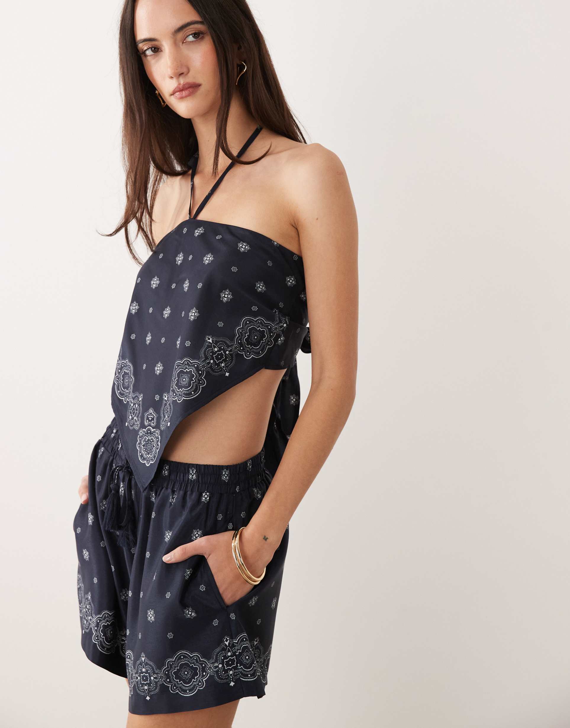 good american halterneck scarf tie back top in navy bandana print - part of a set
