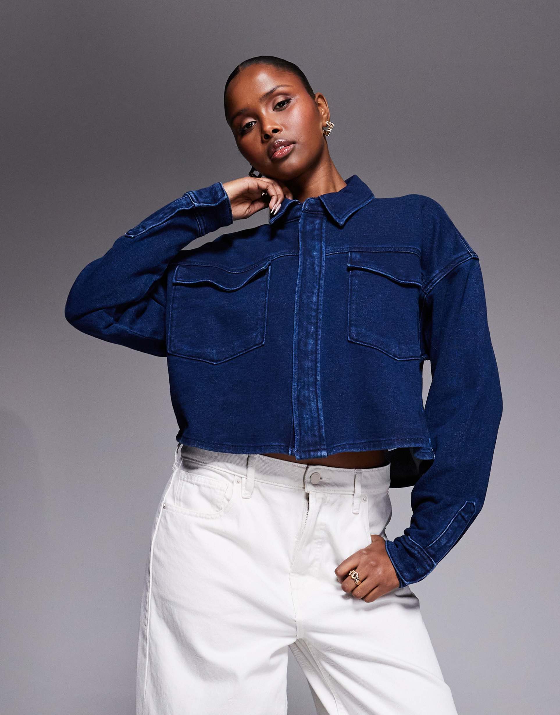 good american jeanius cropped jacket in dark blue wash - part of a set