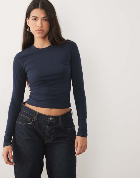 Good American jersey round neck long sleeve baby tee in navy - view 1