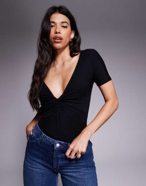 Good American jersey twist front bodysuit in black - view 1