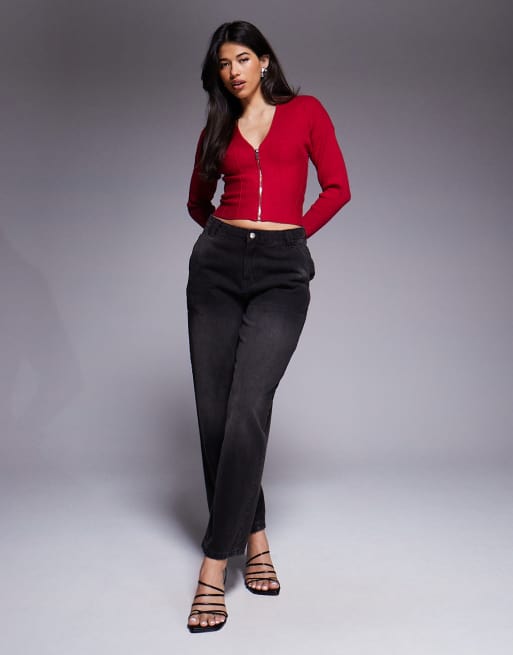 Good American  knit v neck zip front cardigan in ruby red, 2 of 4
