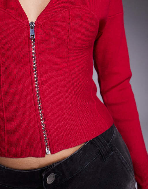 Good American  knit v neck zip front cardigan in ruby red, 3 of 4