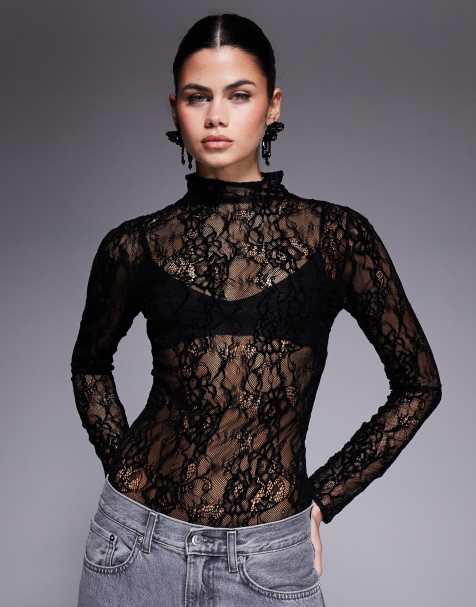 Good American lace mock neck bodysuit in black - view 1