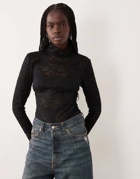 Good American lace turtleneck long sleeve bodysuit in black