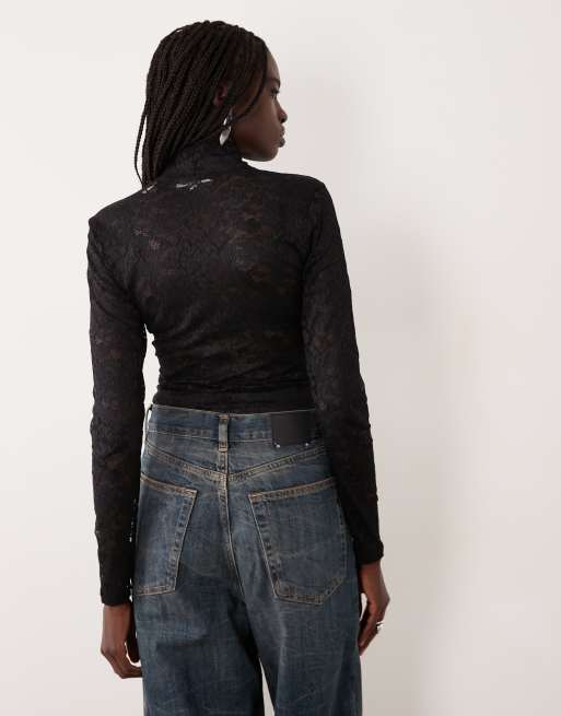 Good American lace turtleneck long sleeve bodysuit in black, 4 of 4