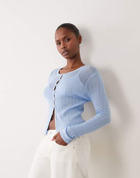 Good American lightweight button through cardigan in soft blue - view 1