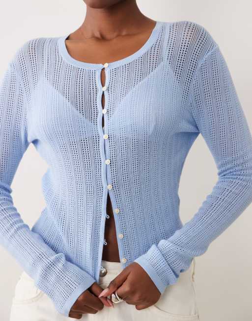 Good American lightweight button through cardigan in soft blue, 3 of 4