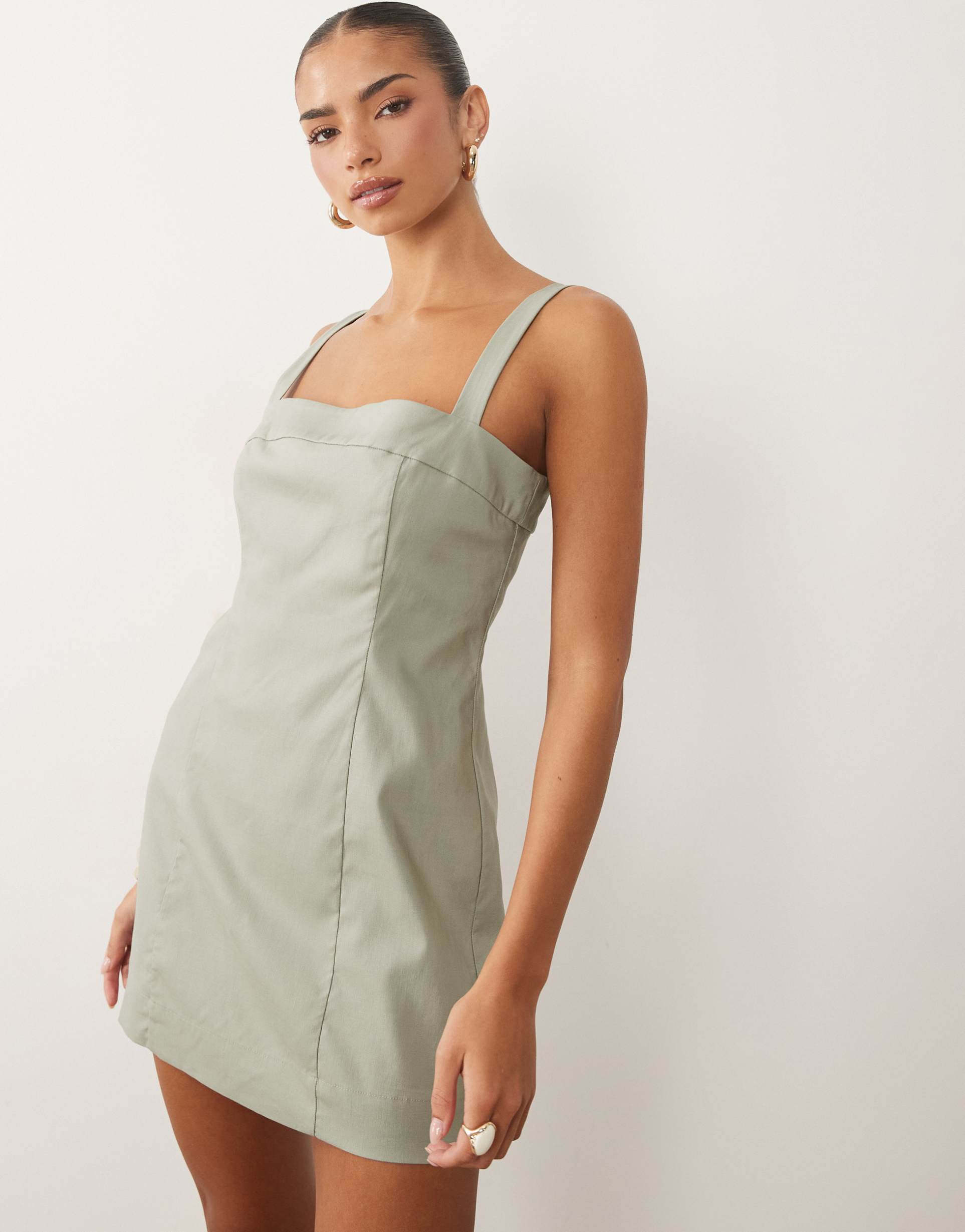 good american linen blend tailored square neck mini dress in sage green