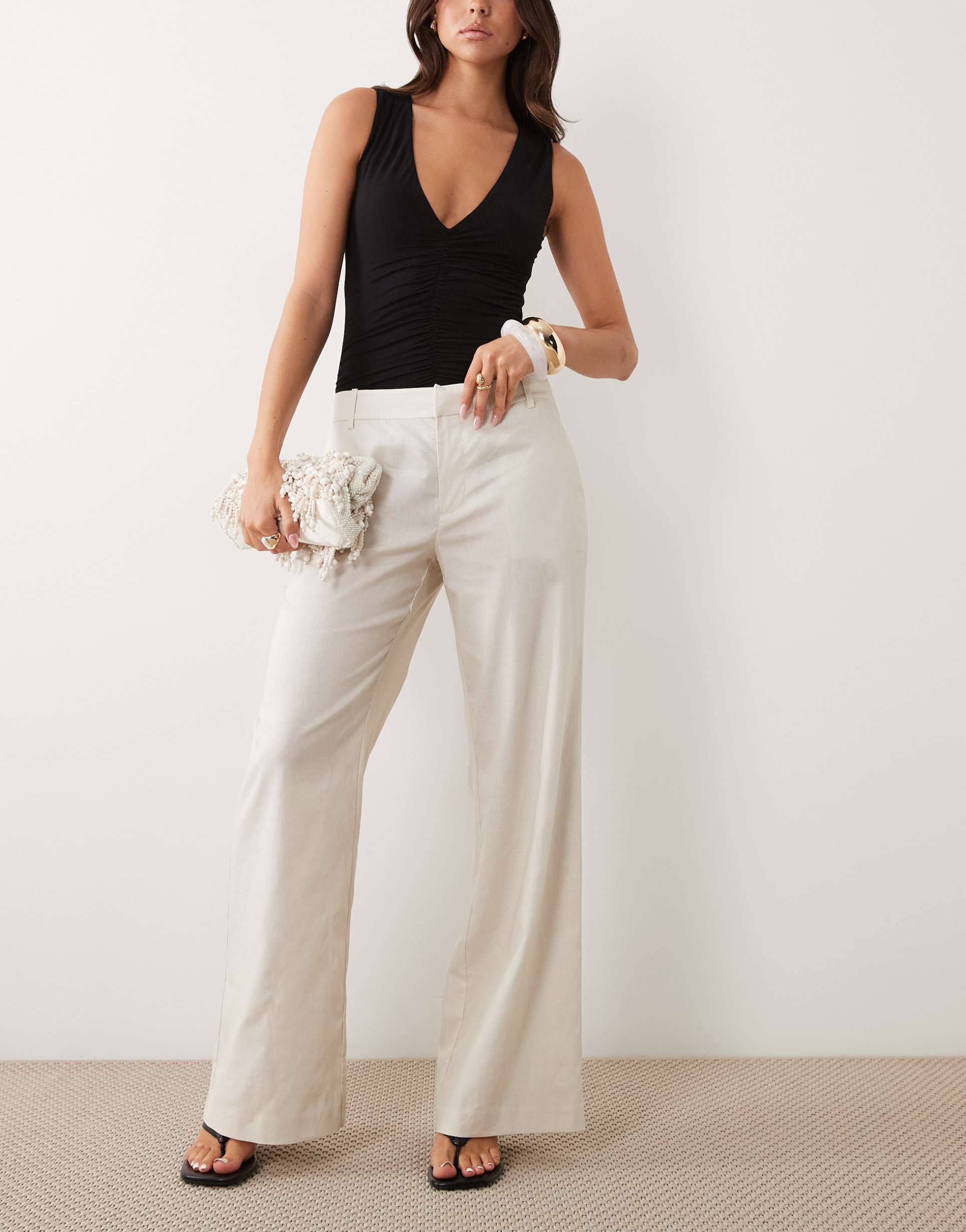 good american linen mid rise relaxed wide leg pants in beige