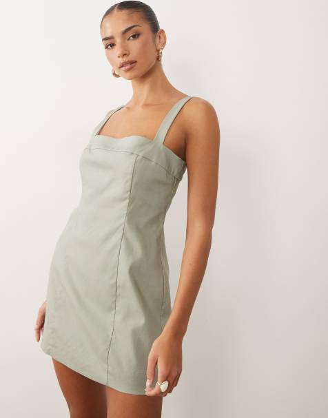 Good American linen tailored square neck mini dress in sage green