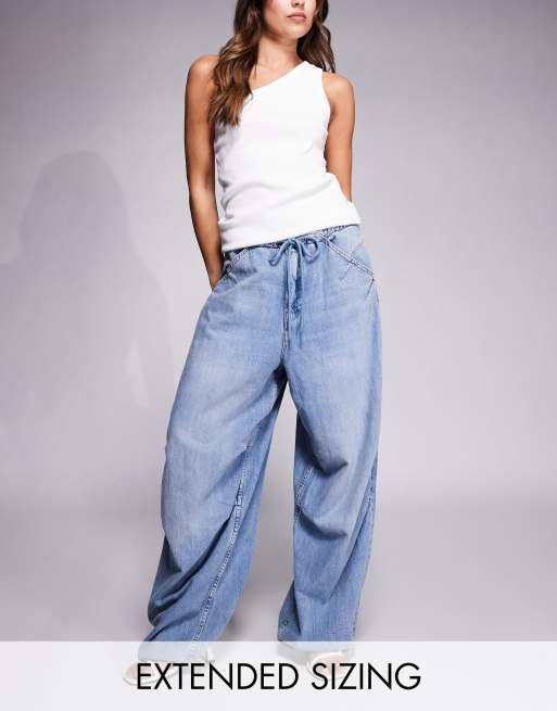 Good American - Lite Linen Denim - Parachutebroek met linnenlook in middenblauw