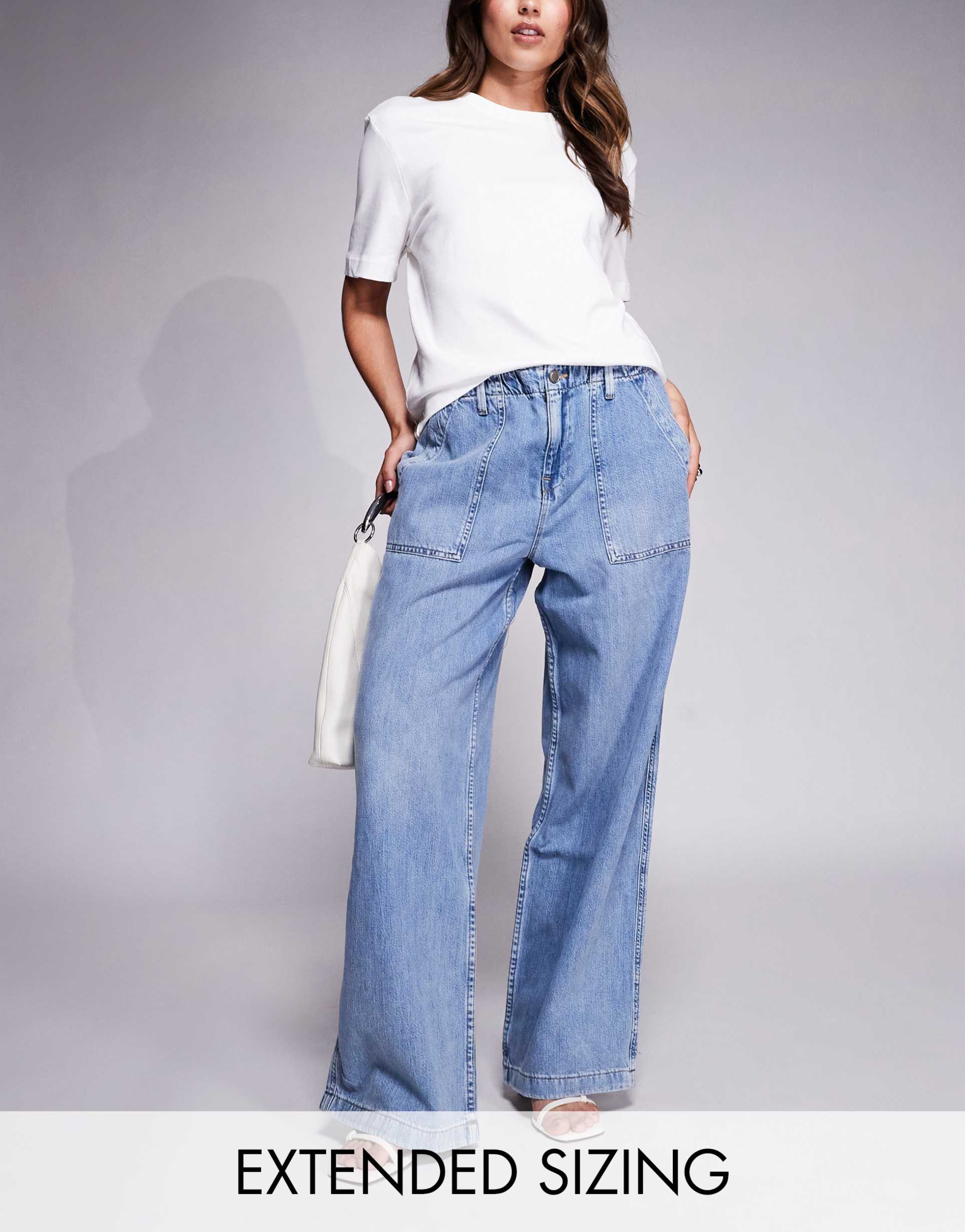 good american lite linen look denim pants in mid blue