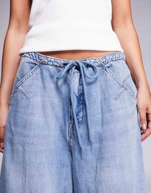 Good American – Lite – Niebieskie lniane spodnie jeansowe parachute, 5 z 5