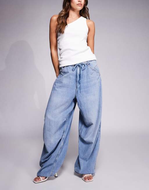 Good American - Lite - Pantalon parachute en denim de lin - Bleu moyen