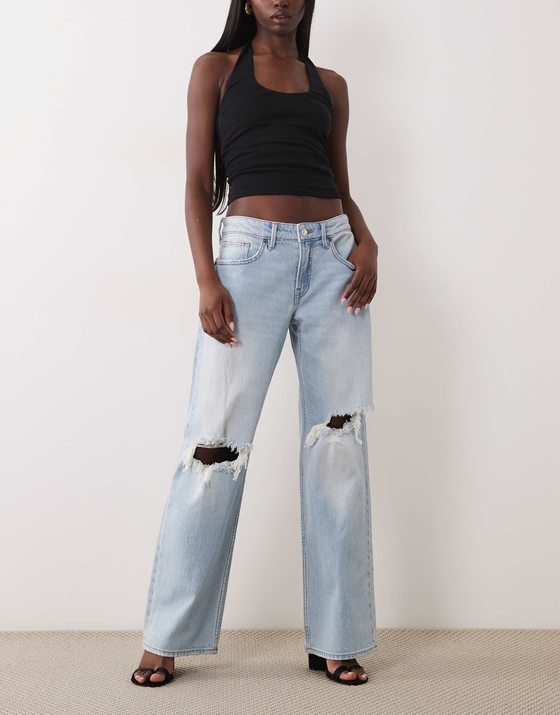 good american low waist baggy fit rip jeans in light blue wash