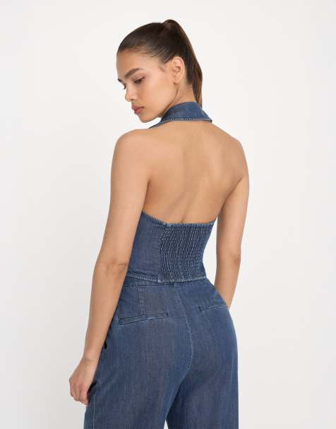 Good American luxe suiting halter neck waistcoat co-ord in bright indigo  - view 1