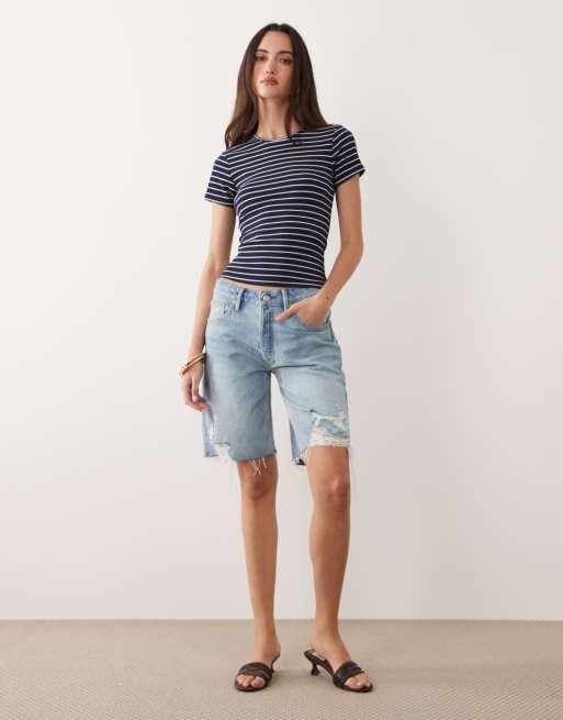Good American – Marinblårandig, ribbad, liten t-shirt i modal, 2 av 4