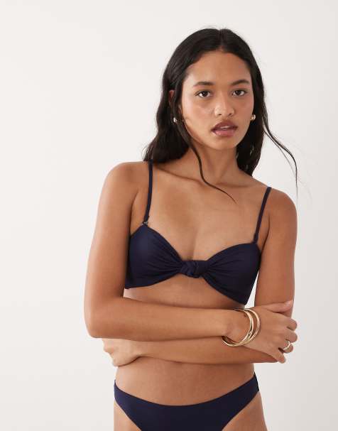 Good American matte twist detail bandeau bikini top co-ord in navy - view 1