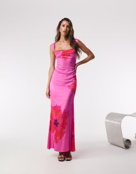 Good American – Maxikleid aus Satin in der Farbe Pink Hibiscus mit Schnürung - view 1