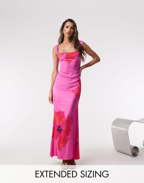 Good American – Maxikleid aus Satin in der Farbe Pink Hibiscus mit Schnürung - view 1