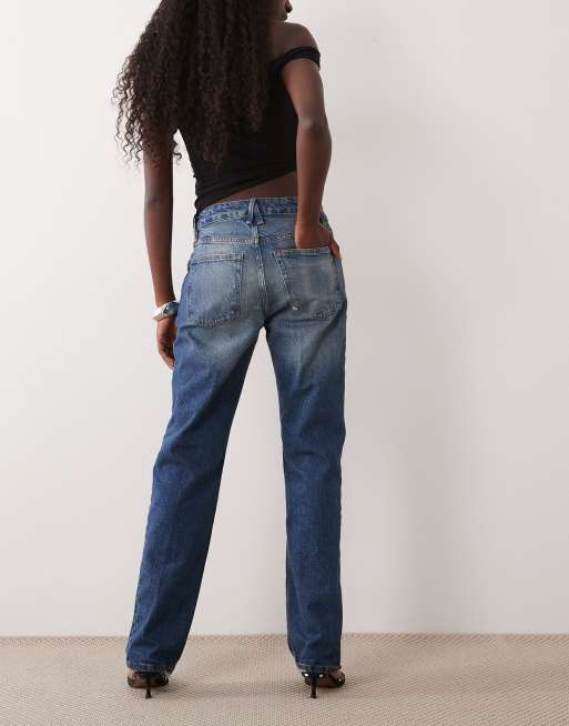 Good American – Mellanblå, tvättade jeans med raka ben och hög midja, 3 av 5