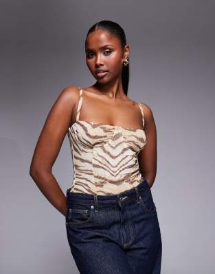 Good American mesh bustier bodysuit in brown tiger print