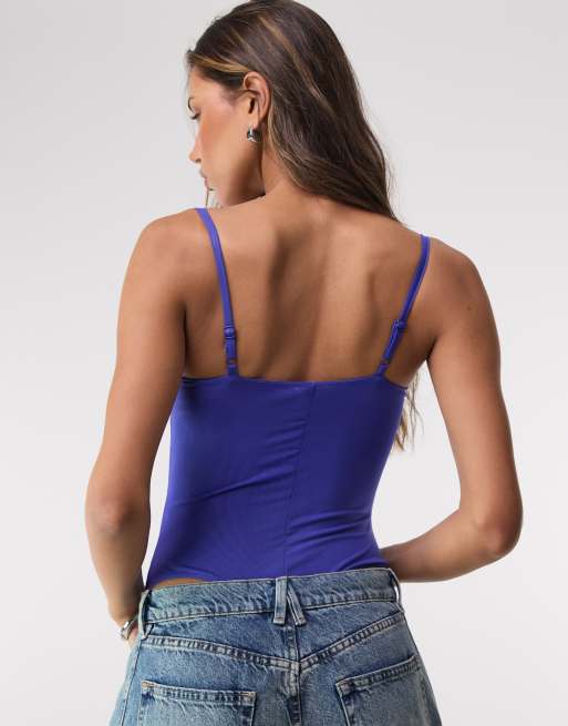 トップス ameri Corset Like Knit Blue Lace-Up Corset Top in Mid Blue Stonewash | Oh Polly