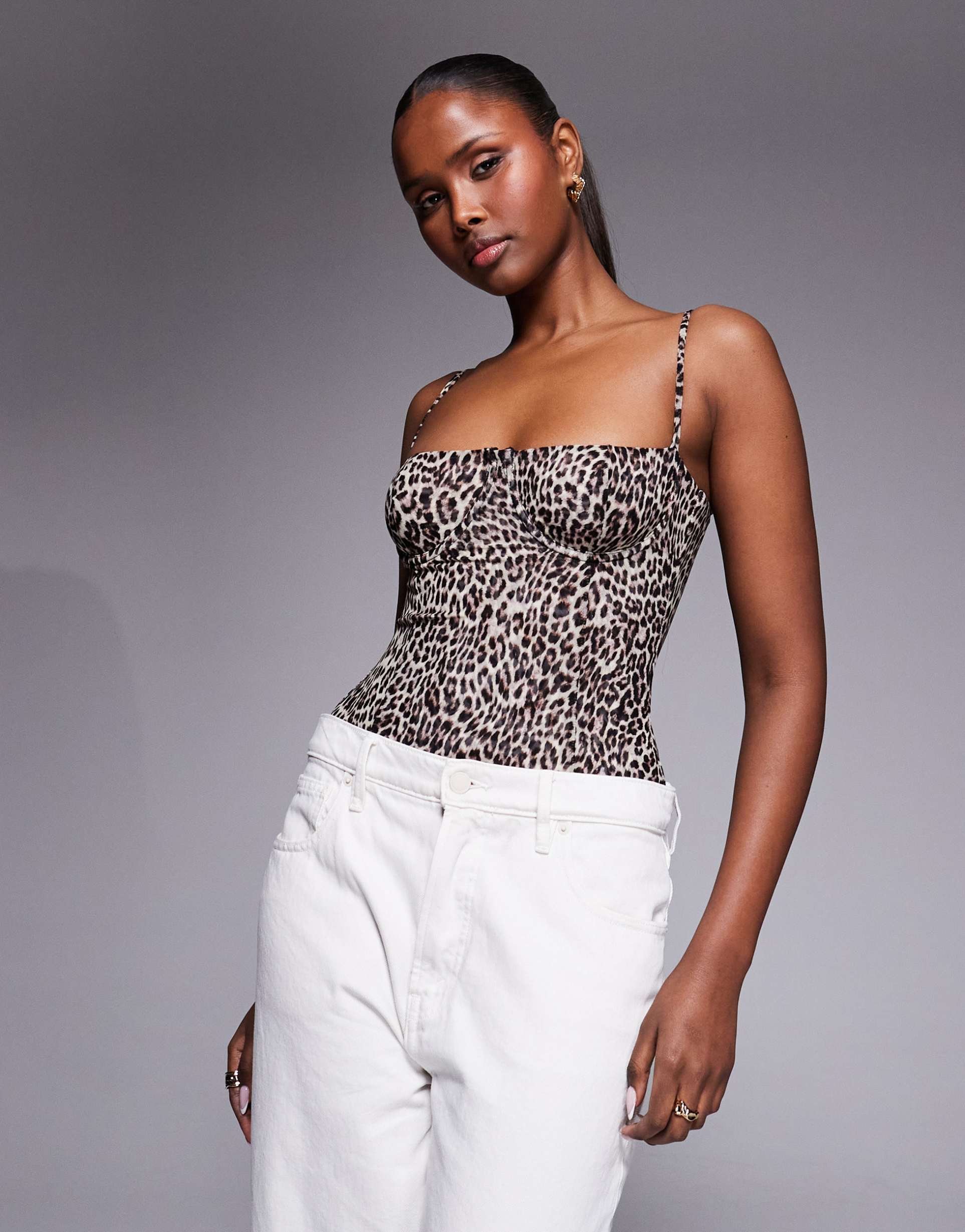 good american mesh bustier bodysuit in leopard print