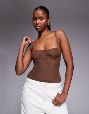 Good American Mesh Bustier Bodysuit In Brown