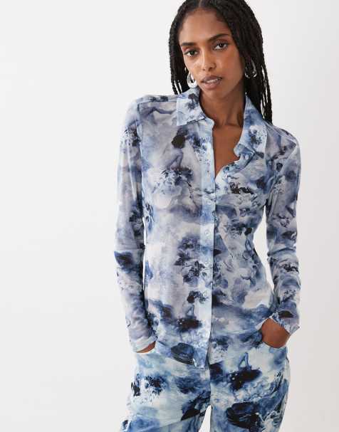 Good American mesh button up top co-ord in blue angel print