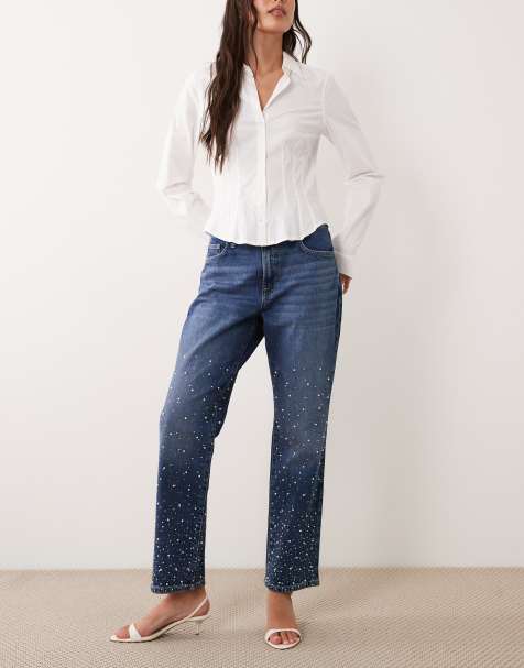 Good American mid rise icon straight leg cropped pearl jeans in mid blue wash - view 1