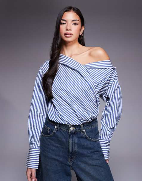 Good American off shoulder poplin bodysuit in light blue