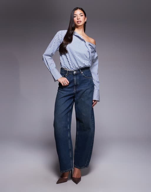 Good American off-shoulder poplin bodysuit in light blue, 3 of 4