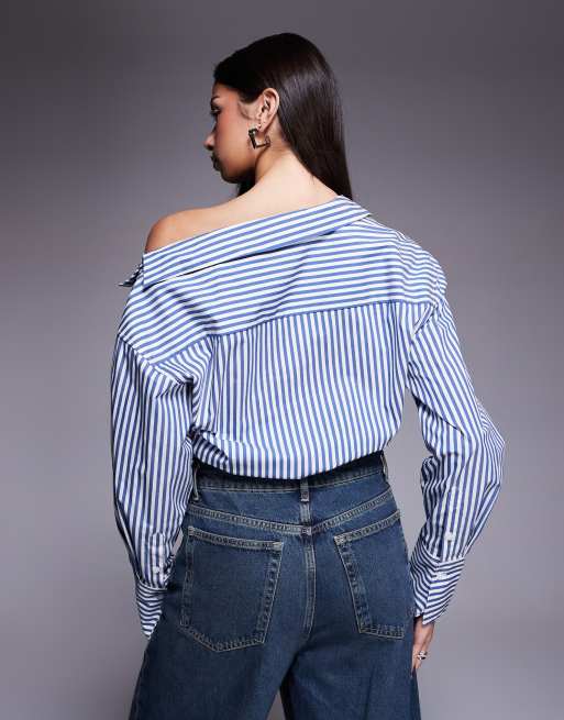 Good American off-shoulder poplin bodysuit in light blue, 4 of 4