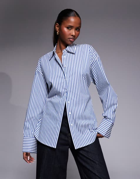 Good American oversized adjustable waist poplin shirt in blue stripe - view 1