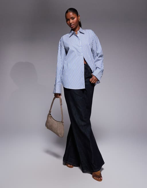 Good American oversized adjustable waist poplin shirt in blue stripe, 2 of 4