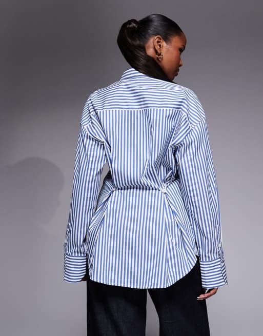 Good American oversized adjustable waist poplin shirt in blue stripe, 4 of 4
