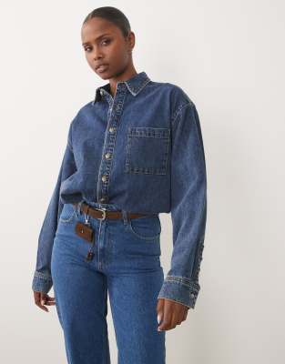 Good American Oversized Button Through Denim Shirt In Animal Print