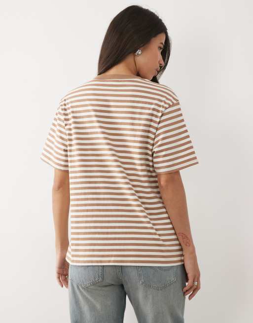 Good American oversized cotton crew neck t-shirt in light taupe stripes , 3 of 4